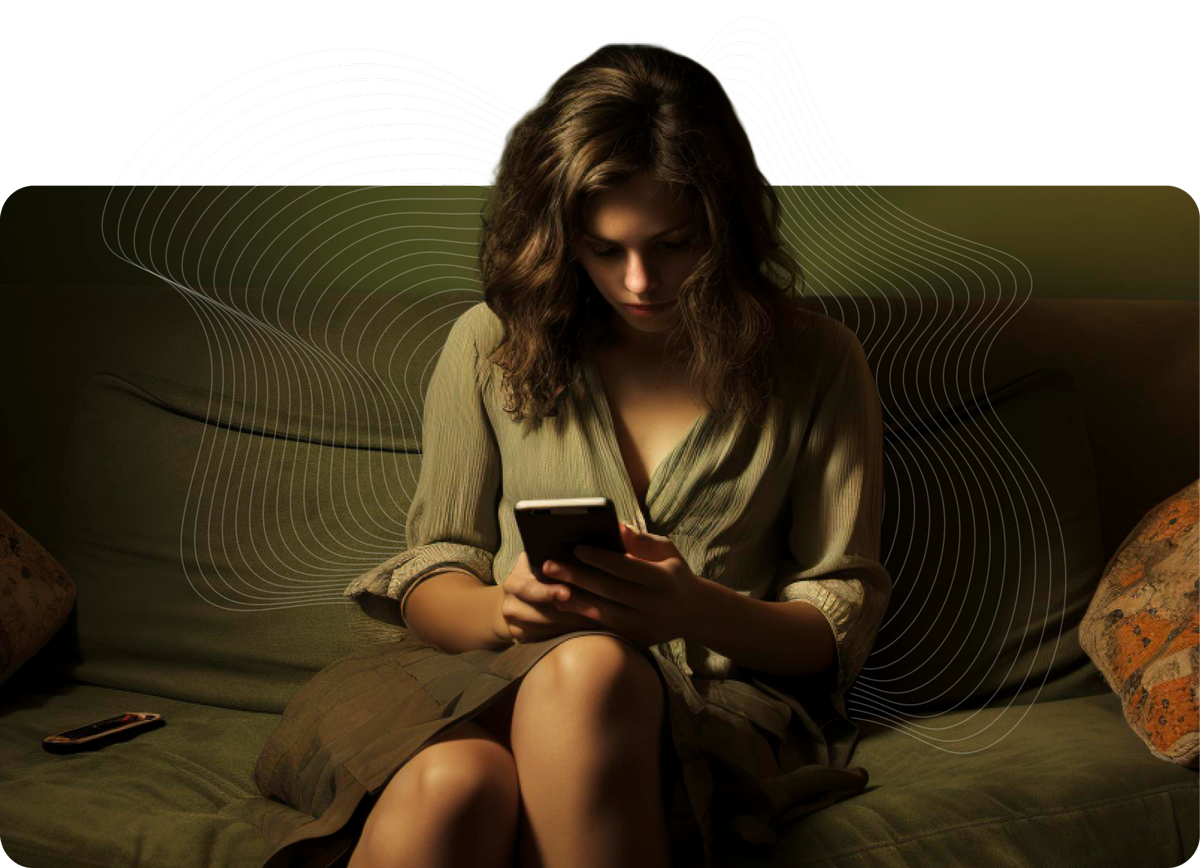 A woman is sitting on a couch looking at her phone
