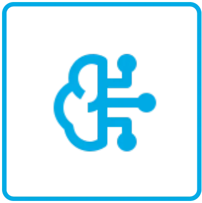 A blue icon of a brain in a square on a white background.