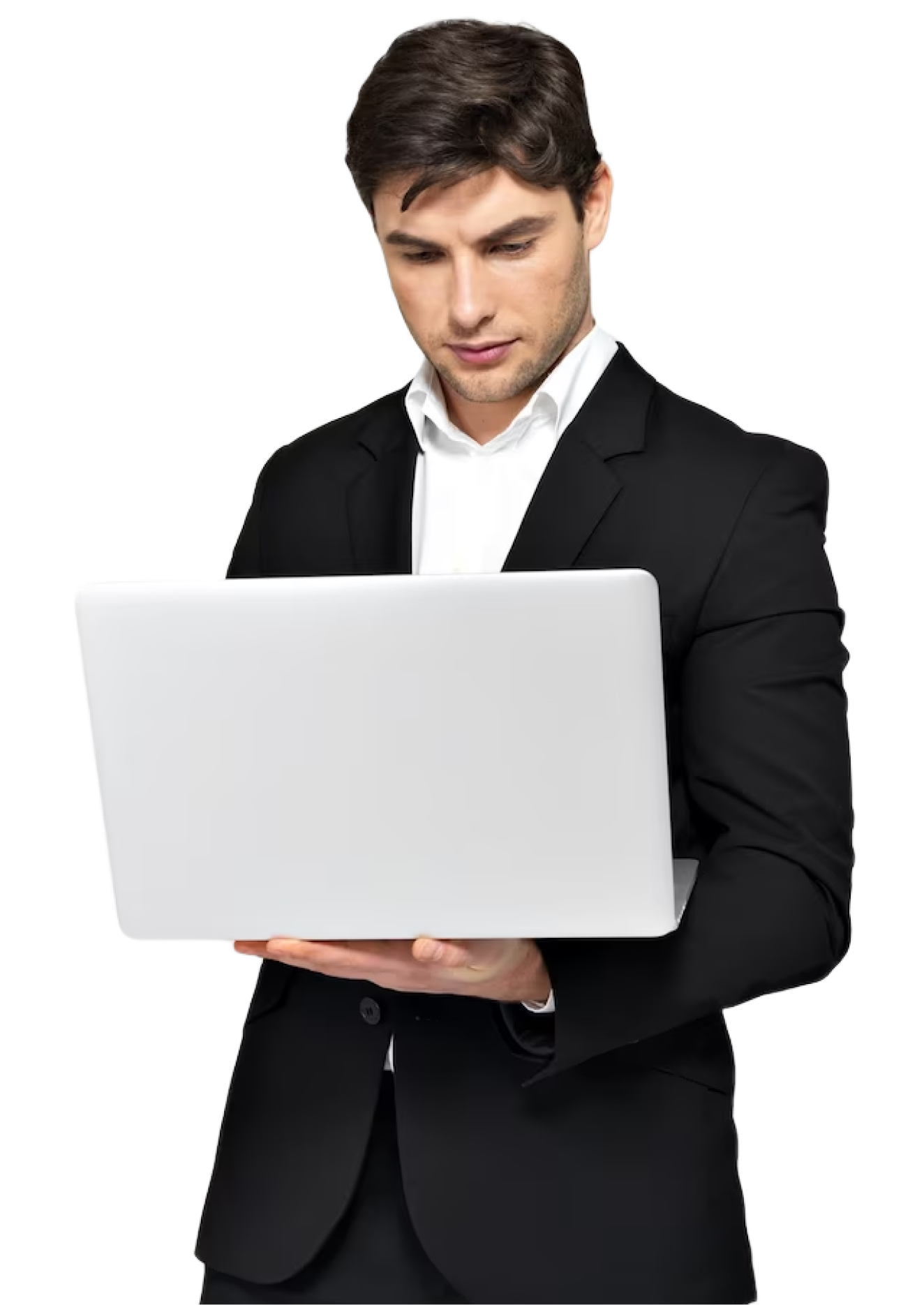A man in a suit is holding a laptop computer in his hands.