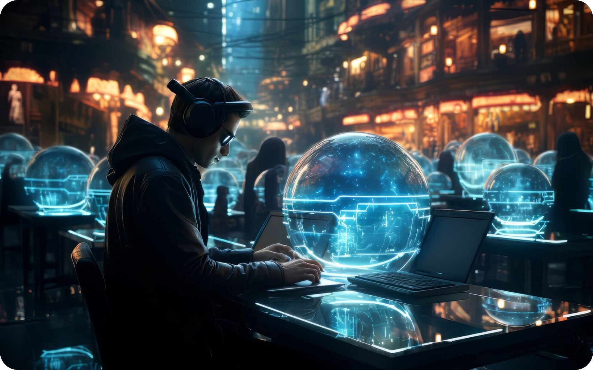 A man is sitting at a table using a laptop computer.