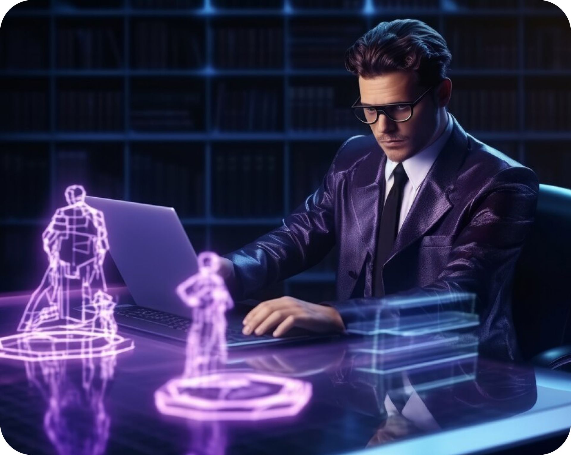 A man in a suit is sitting at a desk using a laptop computer.