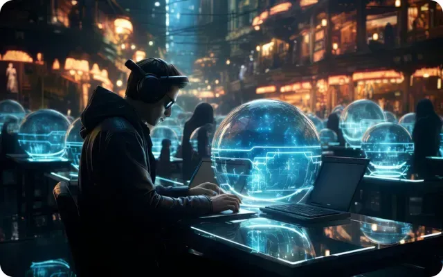 A man is sitting at a table with a laptop and headphones on.