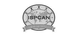 A black and white logo for ispcan with a globe in the center