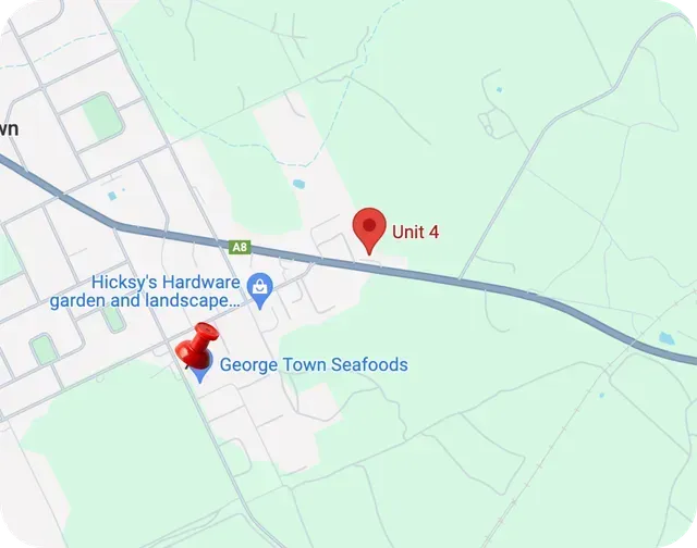 A map showing the location of hickey 's hardware garden and landscape and george town seafood