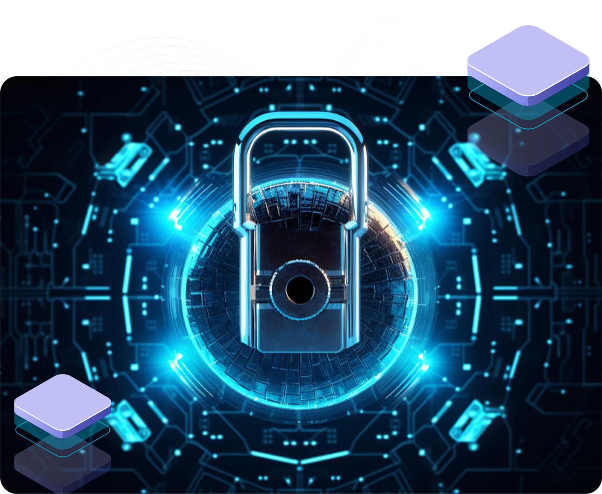 A futuristic illustration of a lock with a camera inside of it.