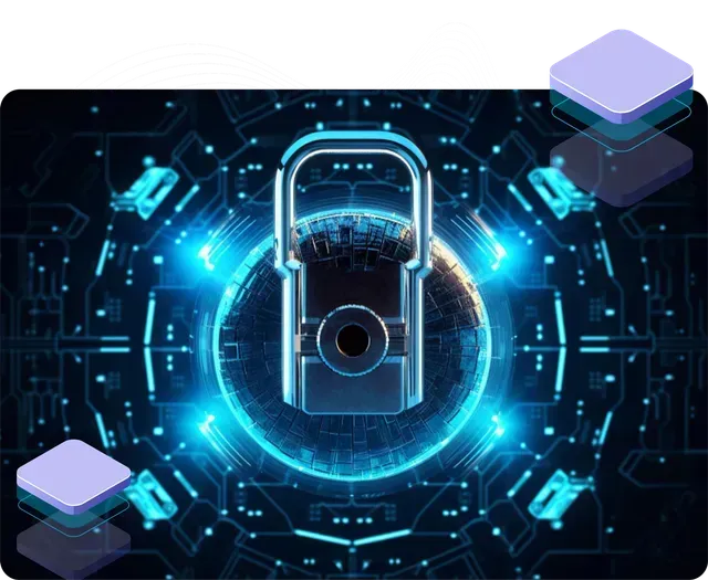 A futuristic illustration of a lock with a camera inside of it.