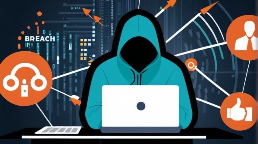 An illustration of a hacker using a laptop computer