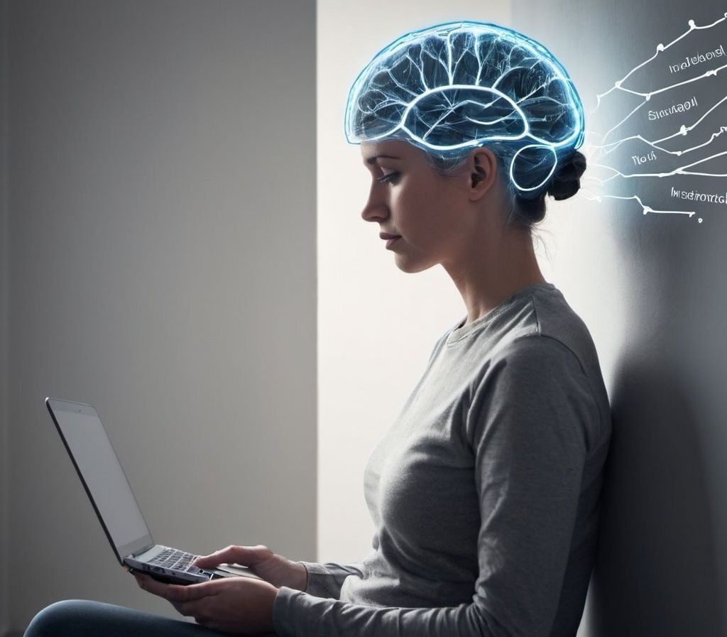 A woman is sitting in front of a laptop computer with a brain drawn on her head.