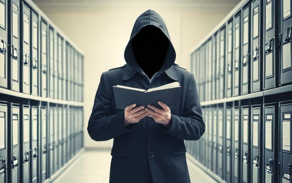 A man in a hood is reading a book in a server room.