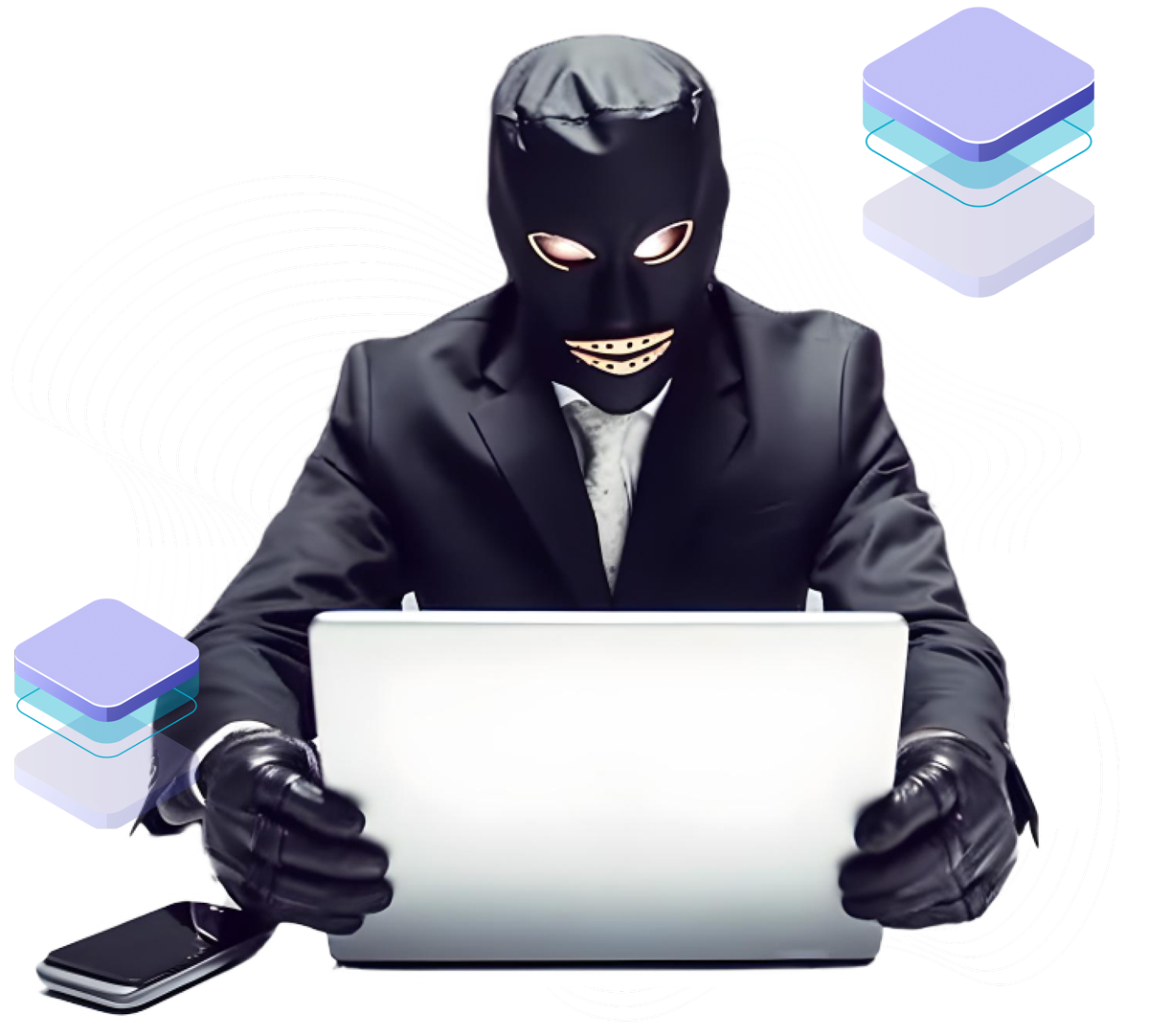 A man in a mask is sitting in front of a laptop
