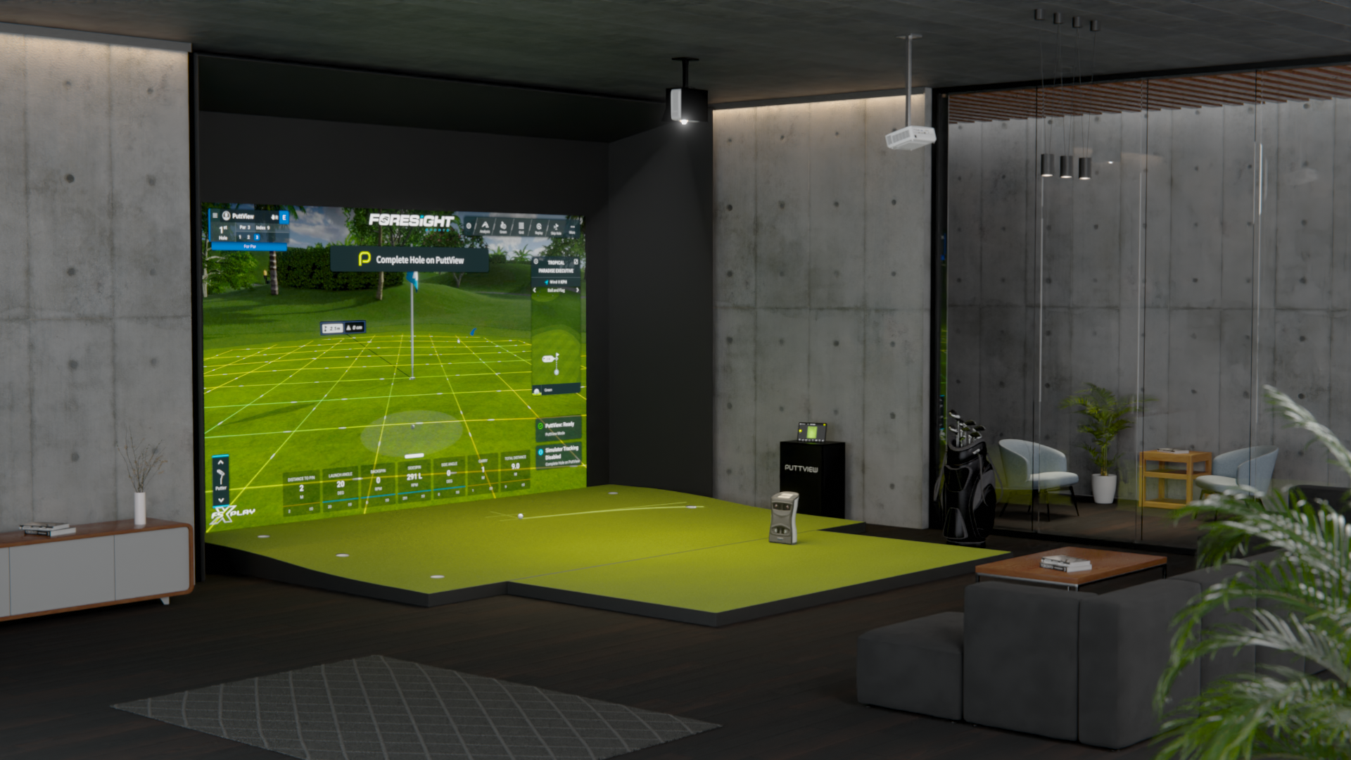 Indoor golf simulator with a screen displaying a golf course, green turf, and modern decor.