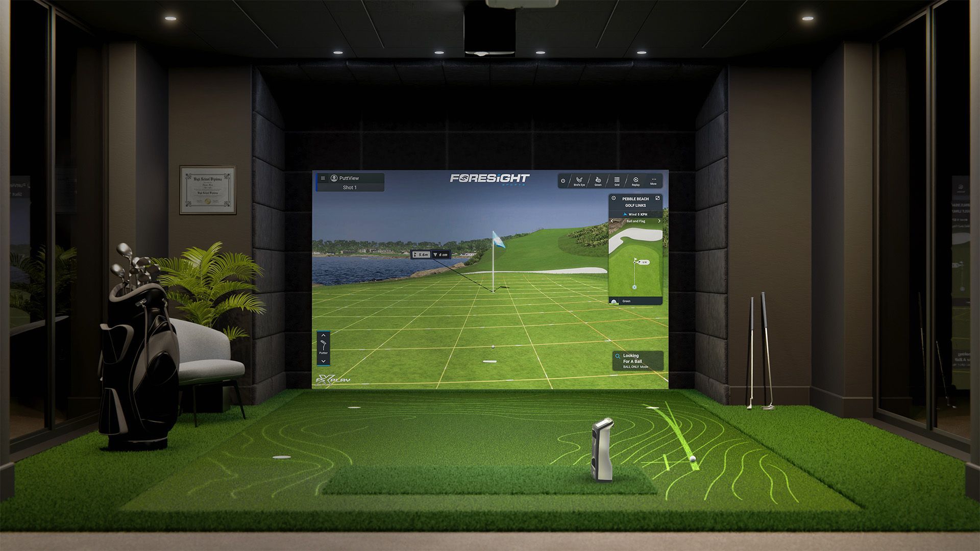 Golf simulator room: green turf, large screen displaying golf course, golf bag, modern setting.