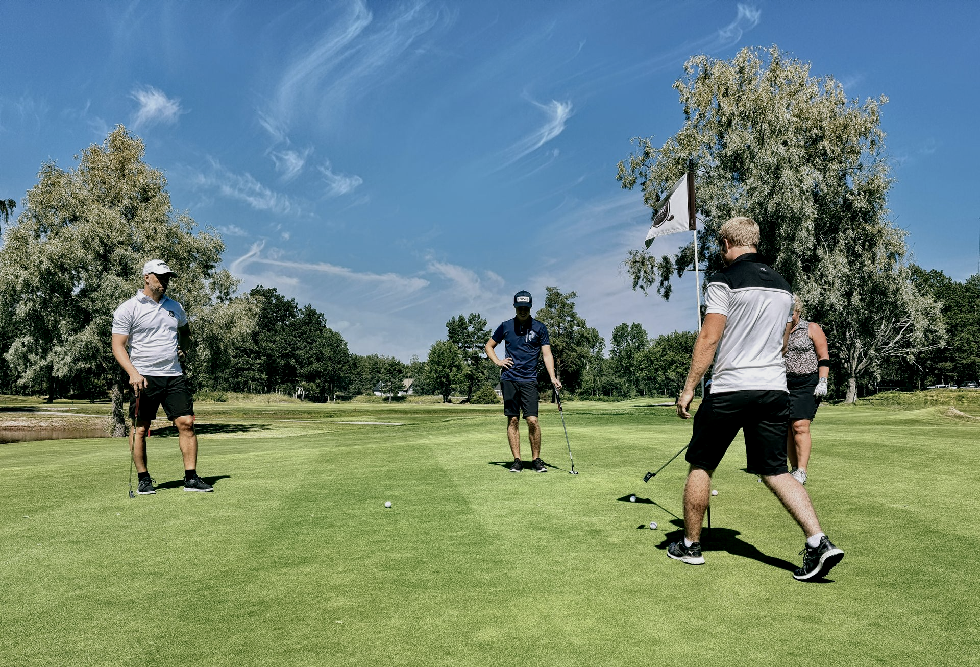 Four people on a sunny golf course, some holding clubs. Green grass, blue sky with trees in the background.