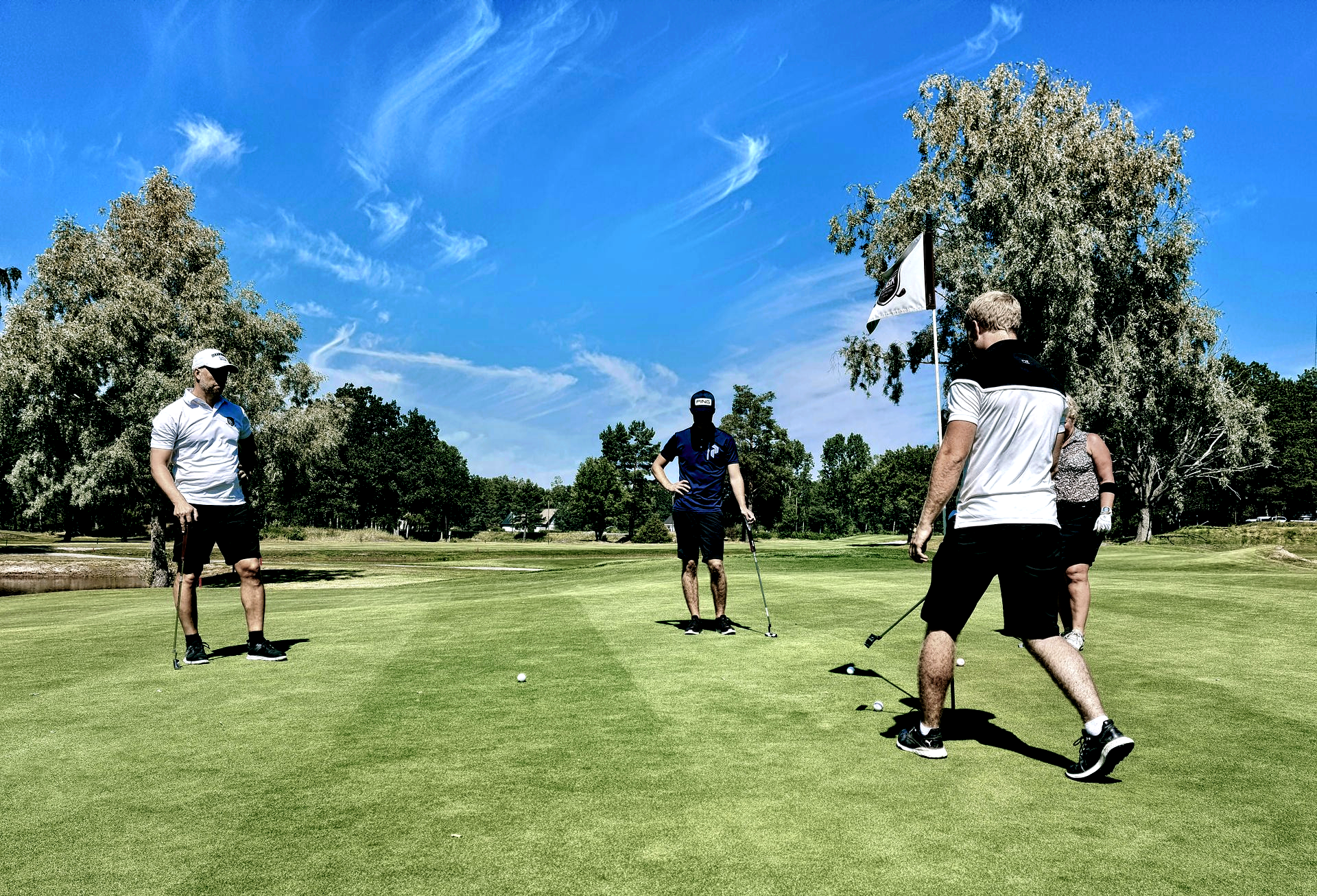 Four people on a sunny golf course, some holding clubs. Green grass, blue sky with trees in the background.