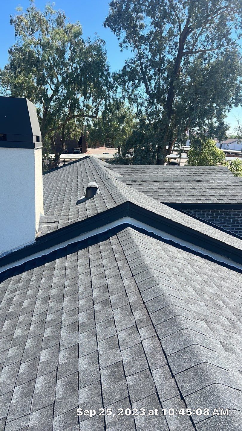 A close up of a roof with a chimney and trees in the background.