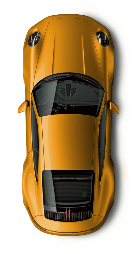 An aerial view of a yellow sports car on a white background. | InTown Auto Care