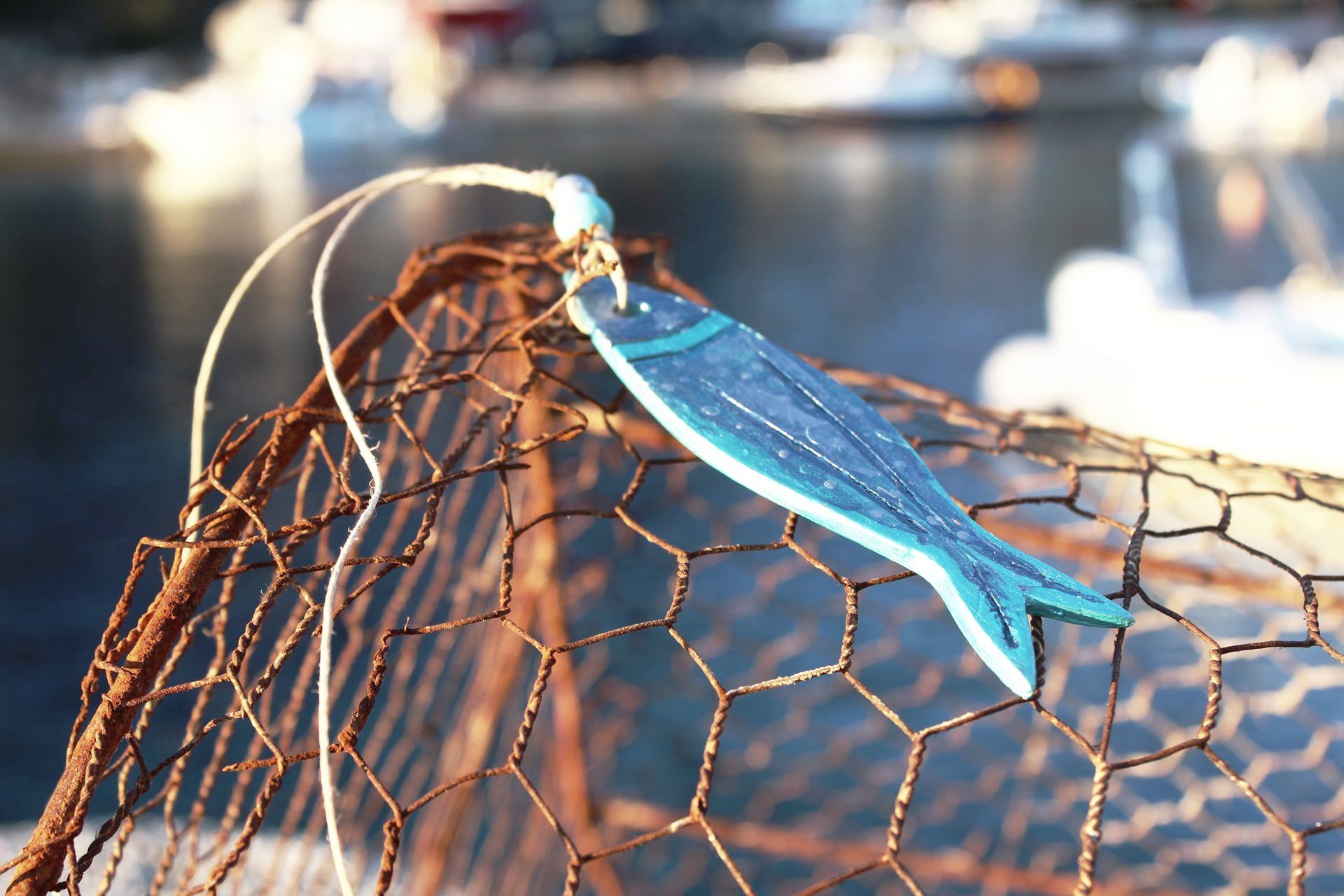 A blue fish is hanging from a fishing net