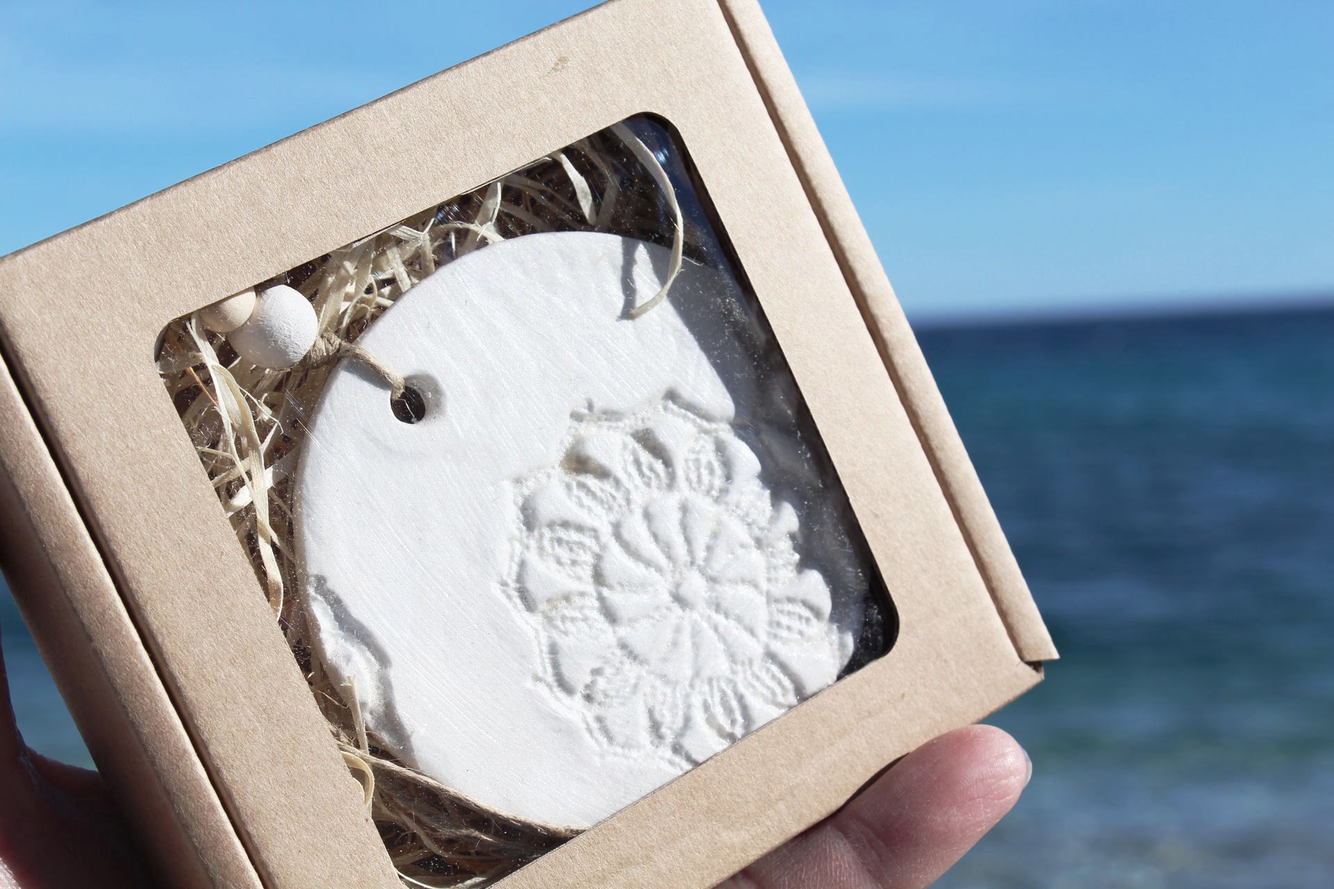 A person is holding a box with a soap in it in front of the ocean.