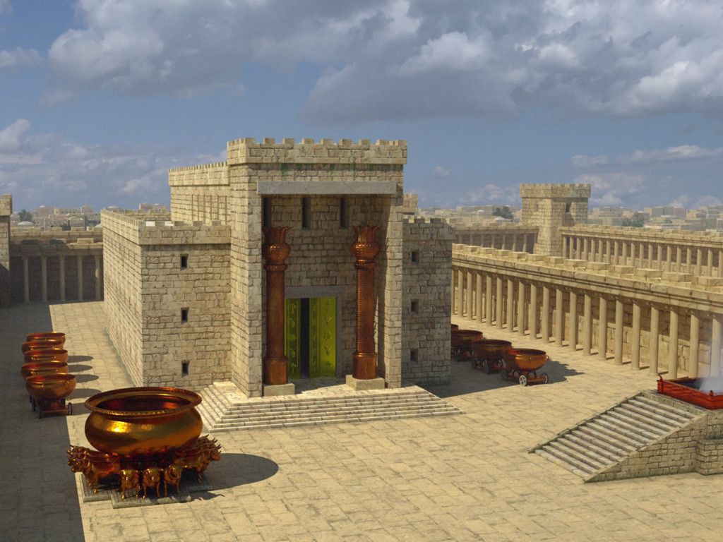 Reconstruction of the ancient Jewish Temple in Jerusalem, with golden pots and columns, set in a sunny courtyard.