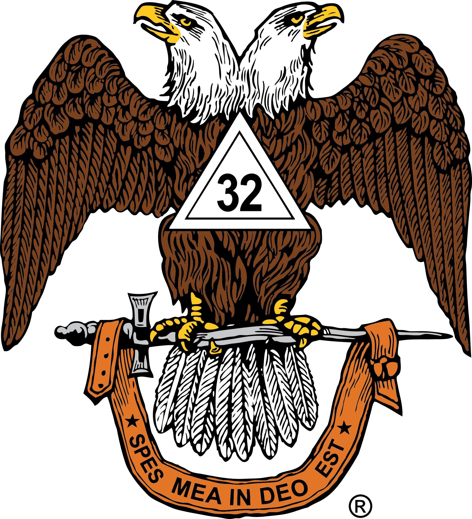 A masonic symbol with two eagles and the number 32
