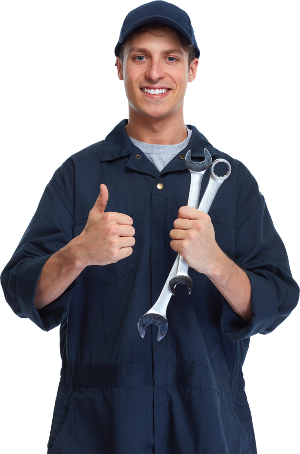 A mechanic is holding two wrenches and giving a thumbs up