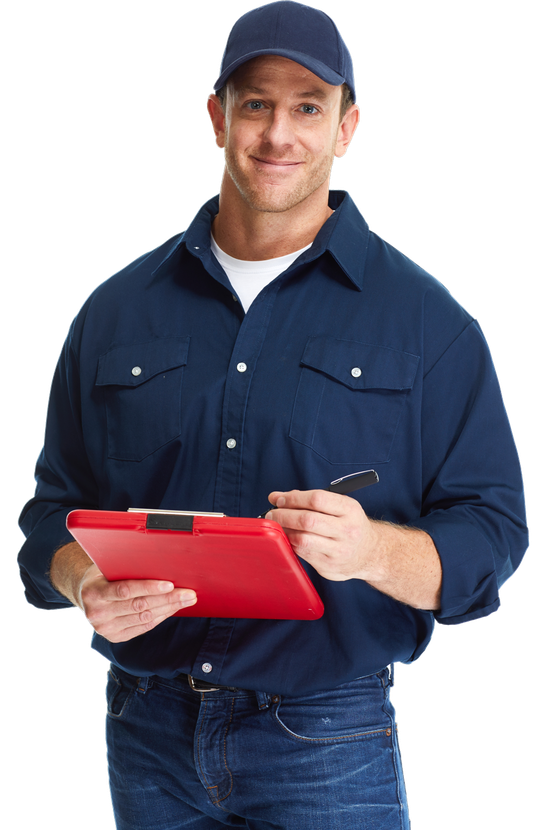 A man in a blue shirt is holding a red clipboard