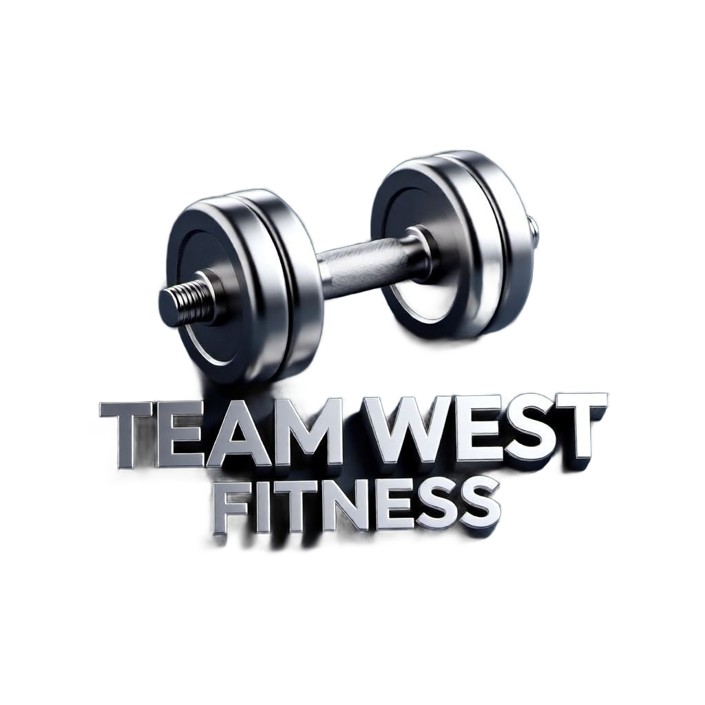 Silver dumbbell above "Team West Fitness" logo.