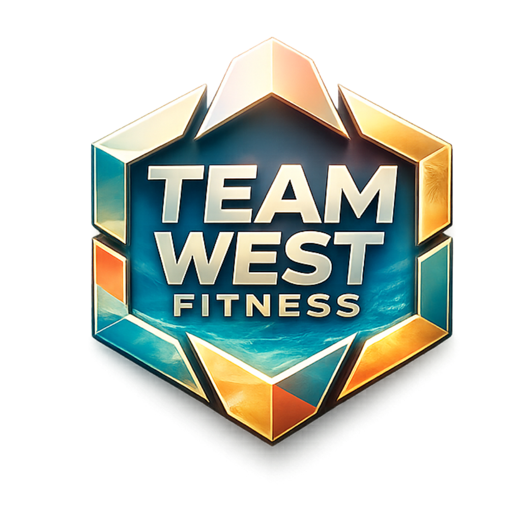 Silver dumbbell above "Team West Fitness" logo.