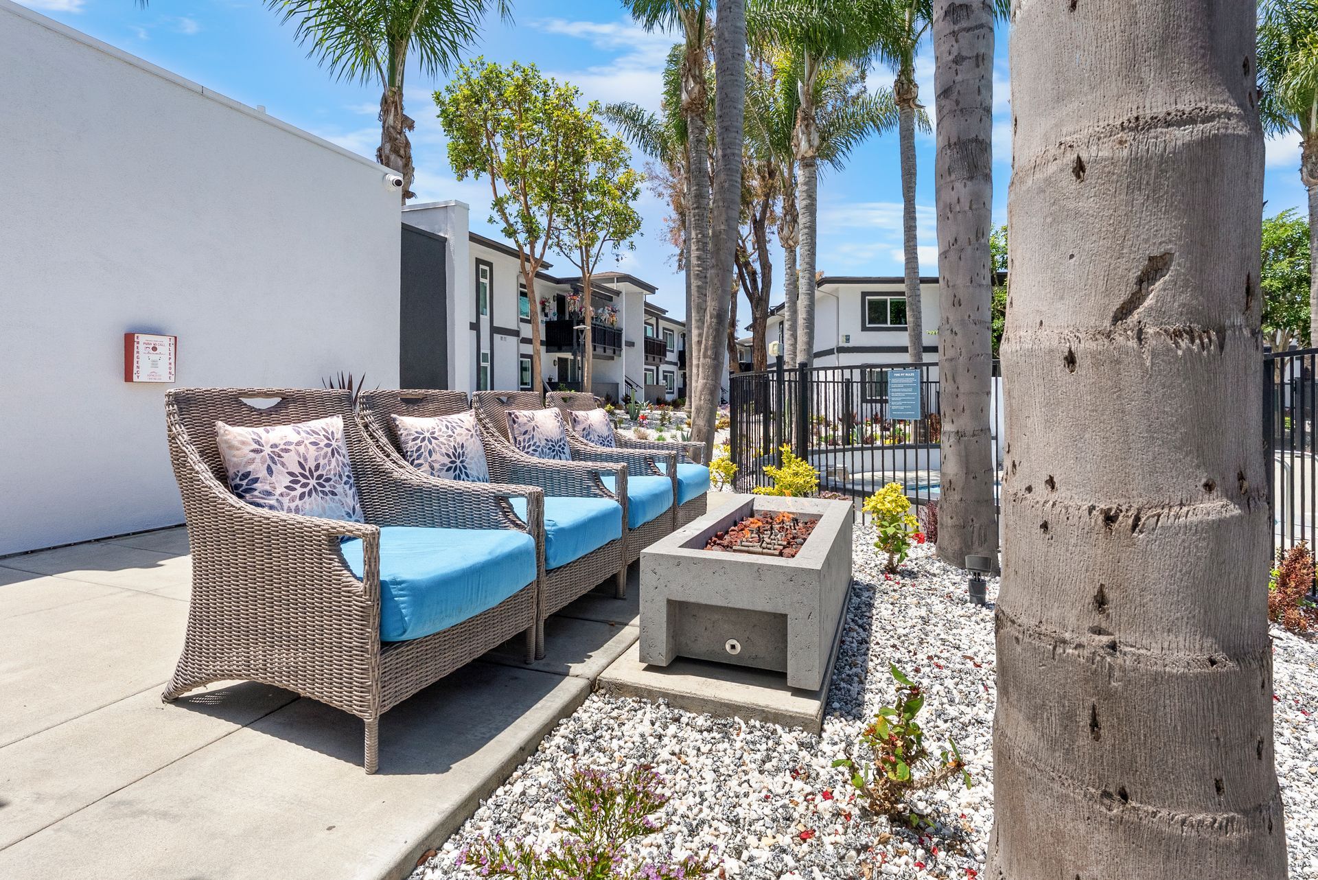A patio with wicker furniture and a fire pit surrounded by palm trees.