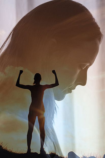 A silhouette of a woman flexing her muscles in front of a woman 's head.