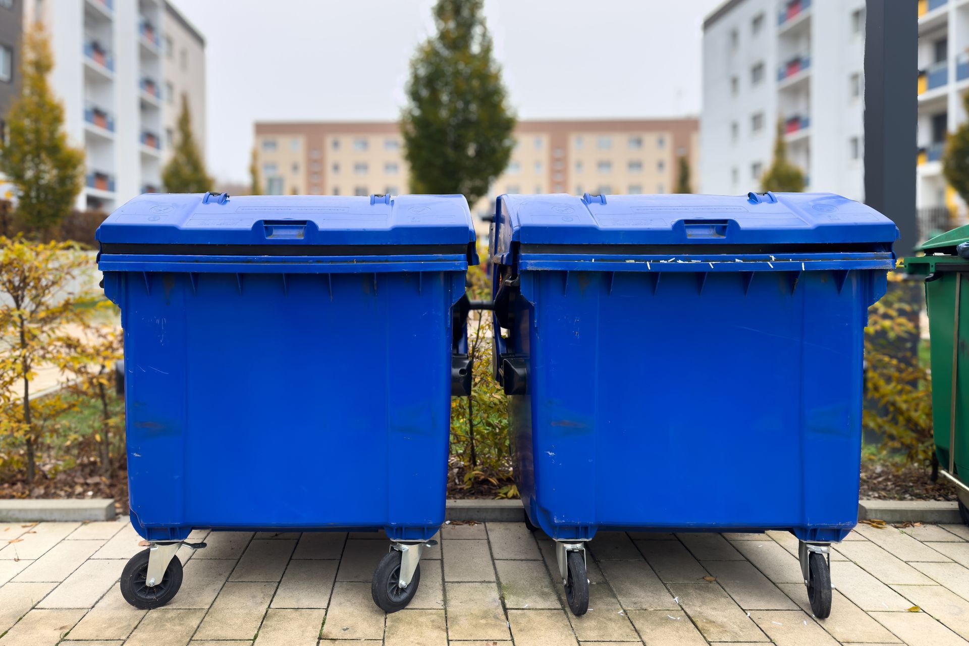 Two large blue garbage bins on wheels in front of apartment buildings.