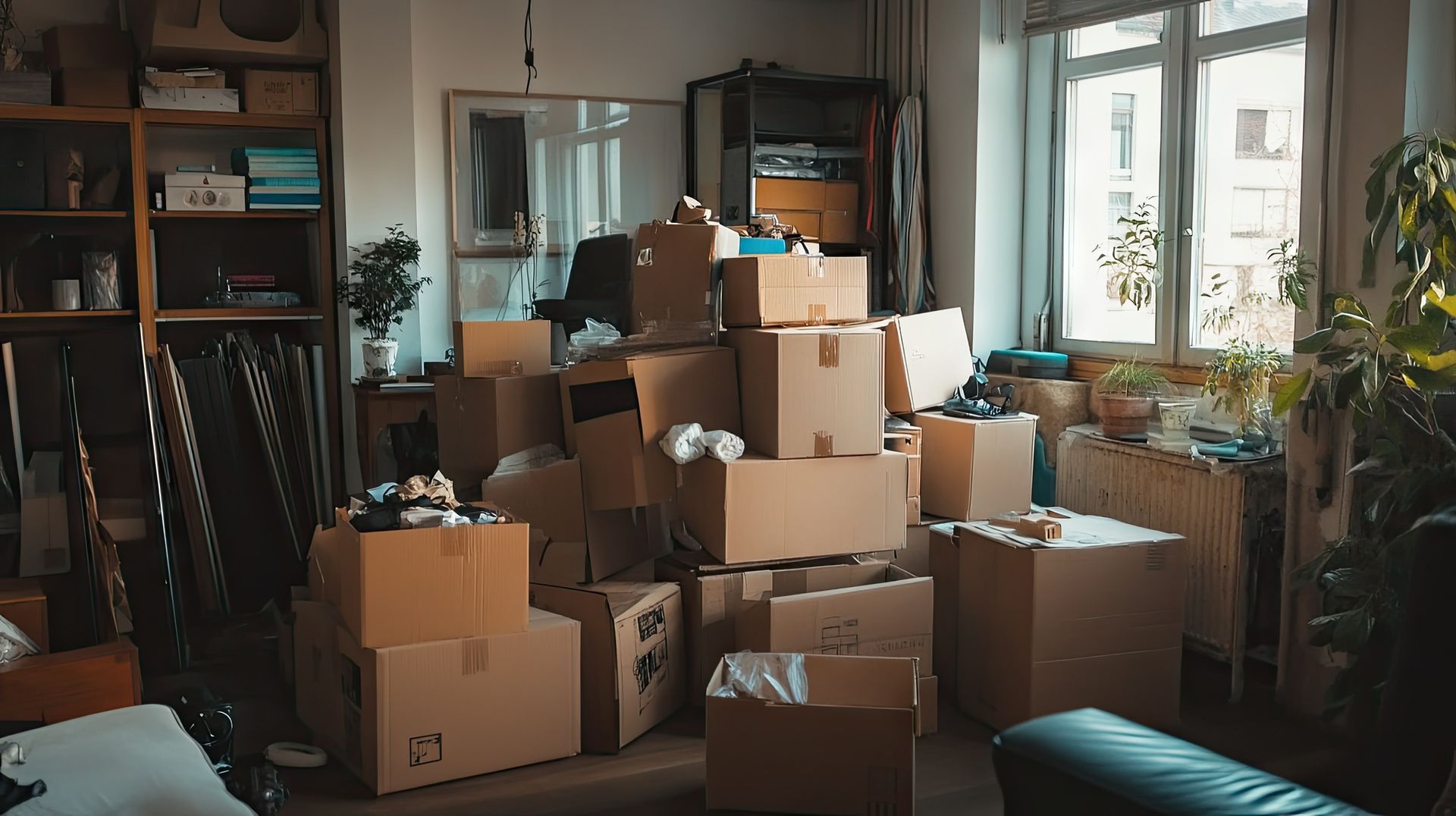 Stacked boxes in Clearwater home for Pinellas Family Junk Removal