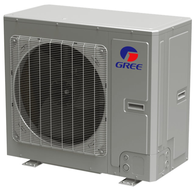 Un climatiseur vert est posé sur une surface blanche