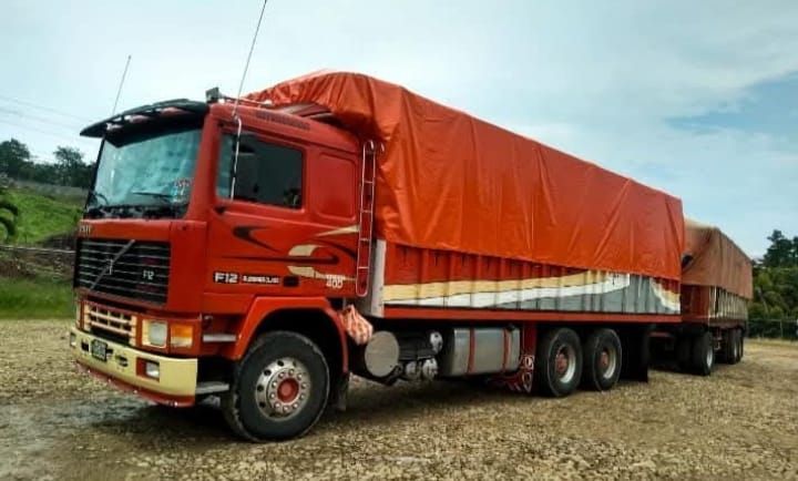 Un camión rojo con una lona encima está estacionado en un campo.
