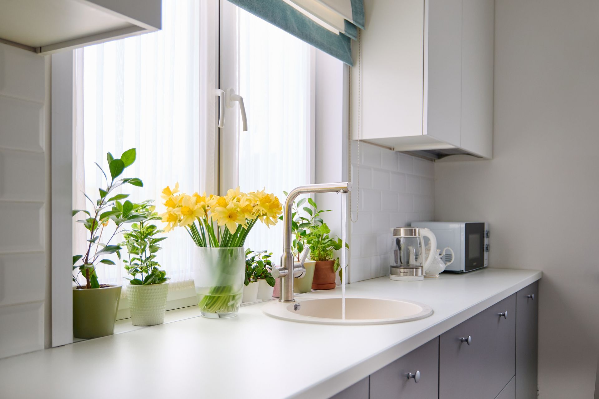 A kitchen with a sink , potted plants , and a window.
