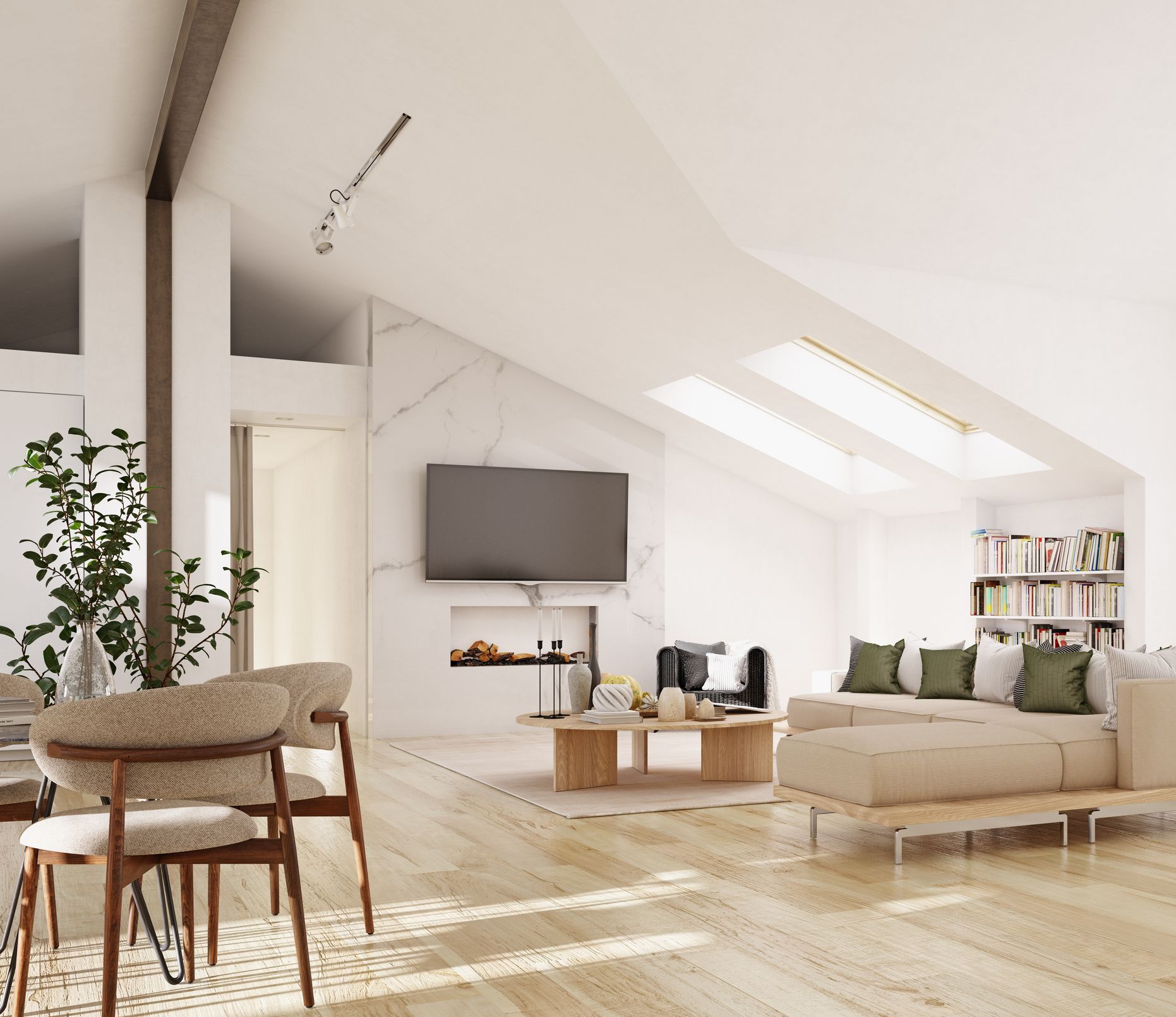 A living room with a couch , table , chairs and a flat screen tv.