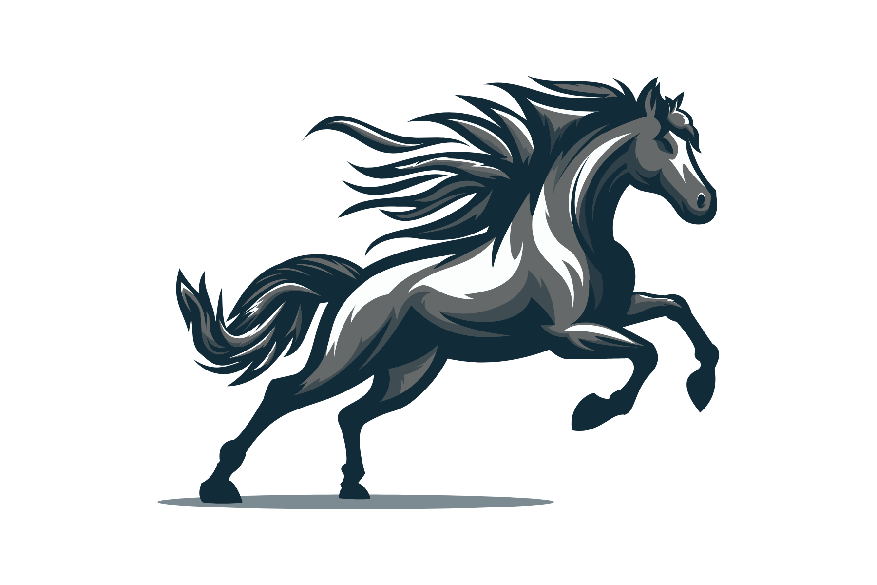 Gray horse rearing up, mane and tail flowing.