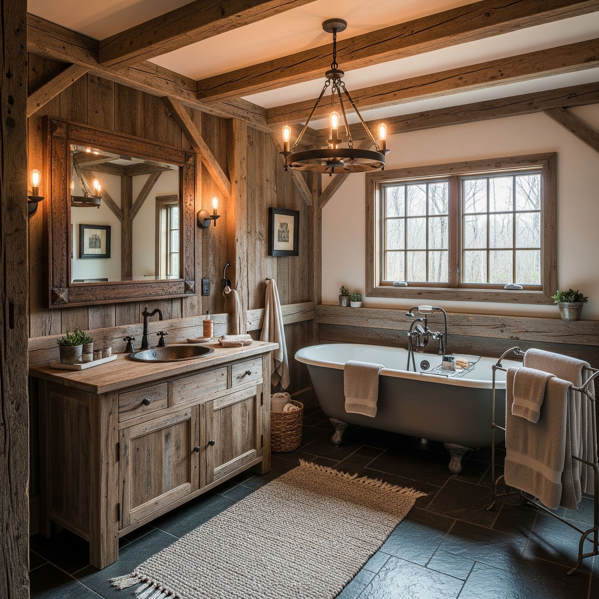 A rustic bathroom with wood walls, a claw-foot tub, and a wooden vanity with a copper sink.