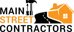 Main Street Contractors Logo A logo for main street contractors with a house , road , and hammer.