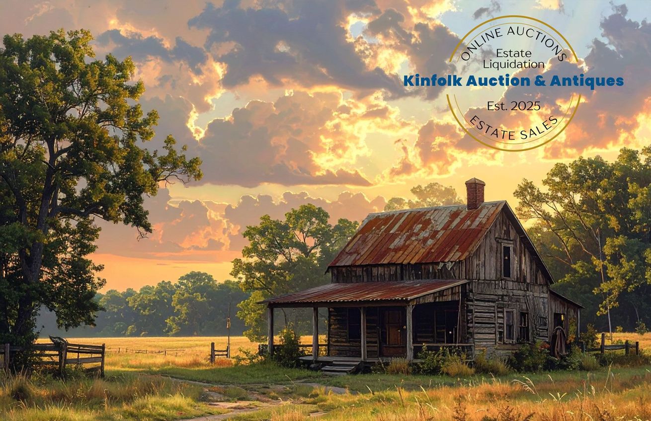 Old weathered house on a field at sunset; golden light, trees, cloudy sky.