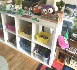 A shelf filled with lots of stuffed animals and toys.