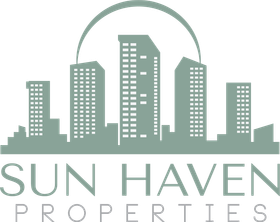 Sun Haven Properties logo: stylized cityscape in green, arched by a green partial sun, with text below.