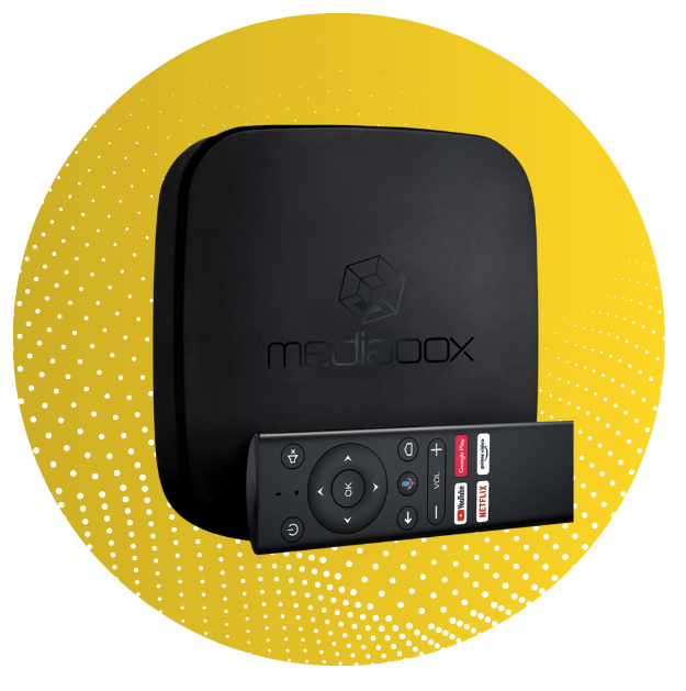 Black MediaBox streaming device and remote on a yellow background.