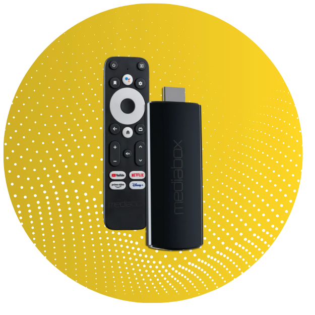 Black media streaming stick and remote against a yellow dotted background.