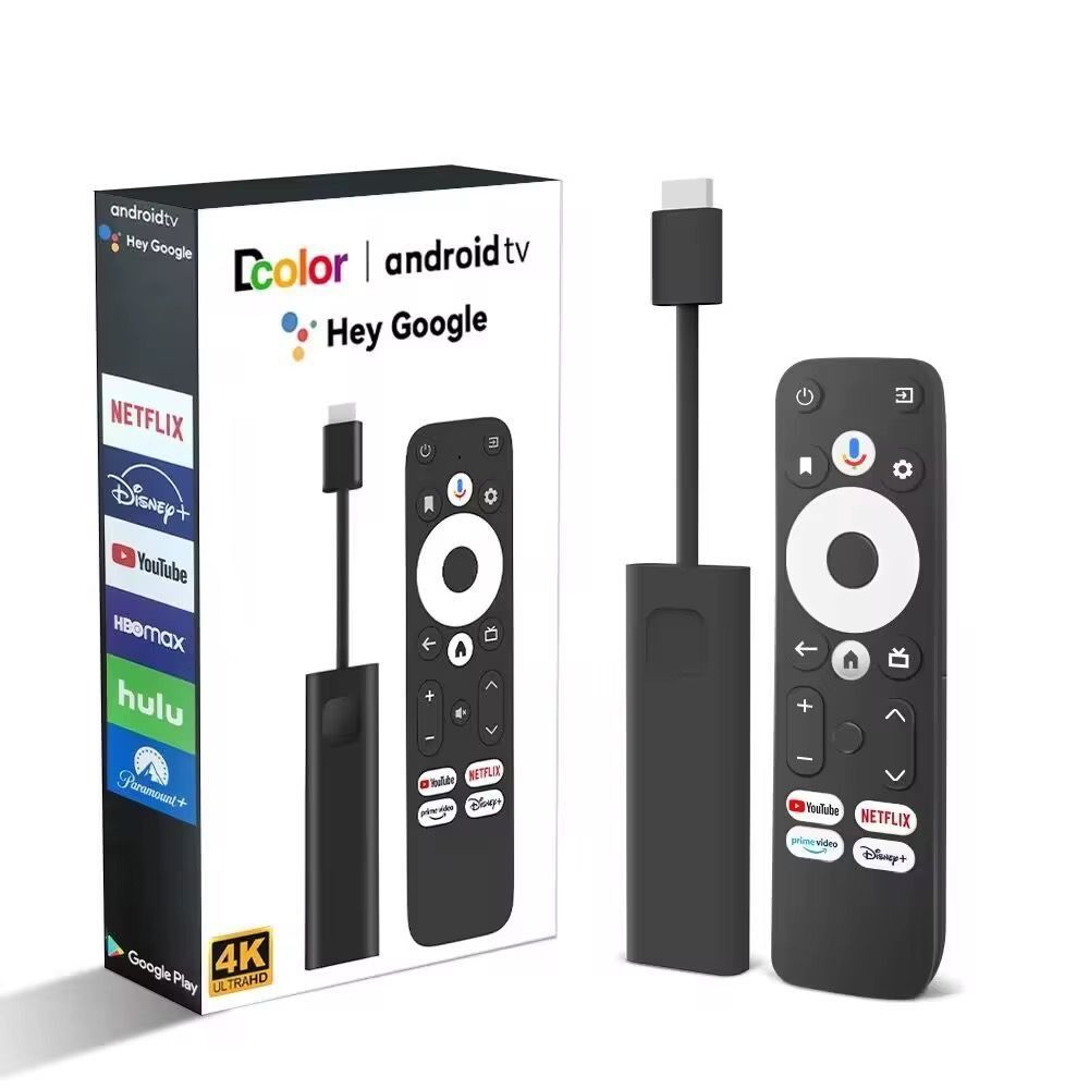 Black media streaming stick and remote against a yellow dotted background.