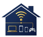 Blue house with WiFi symbol, connecting to a laptop, smartphones, and a game controller.
