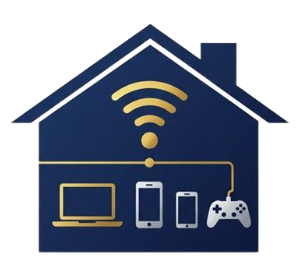 Blue house with WiFi symbol, connecting to a laptop, smartphones, and a game controller.
