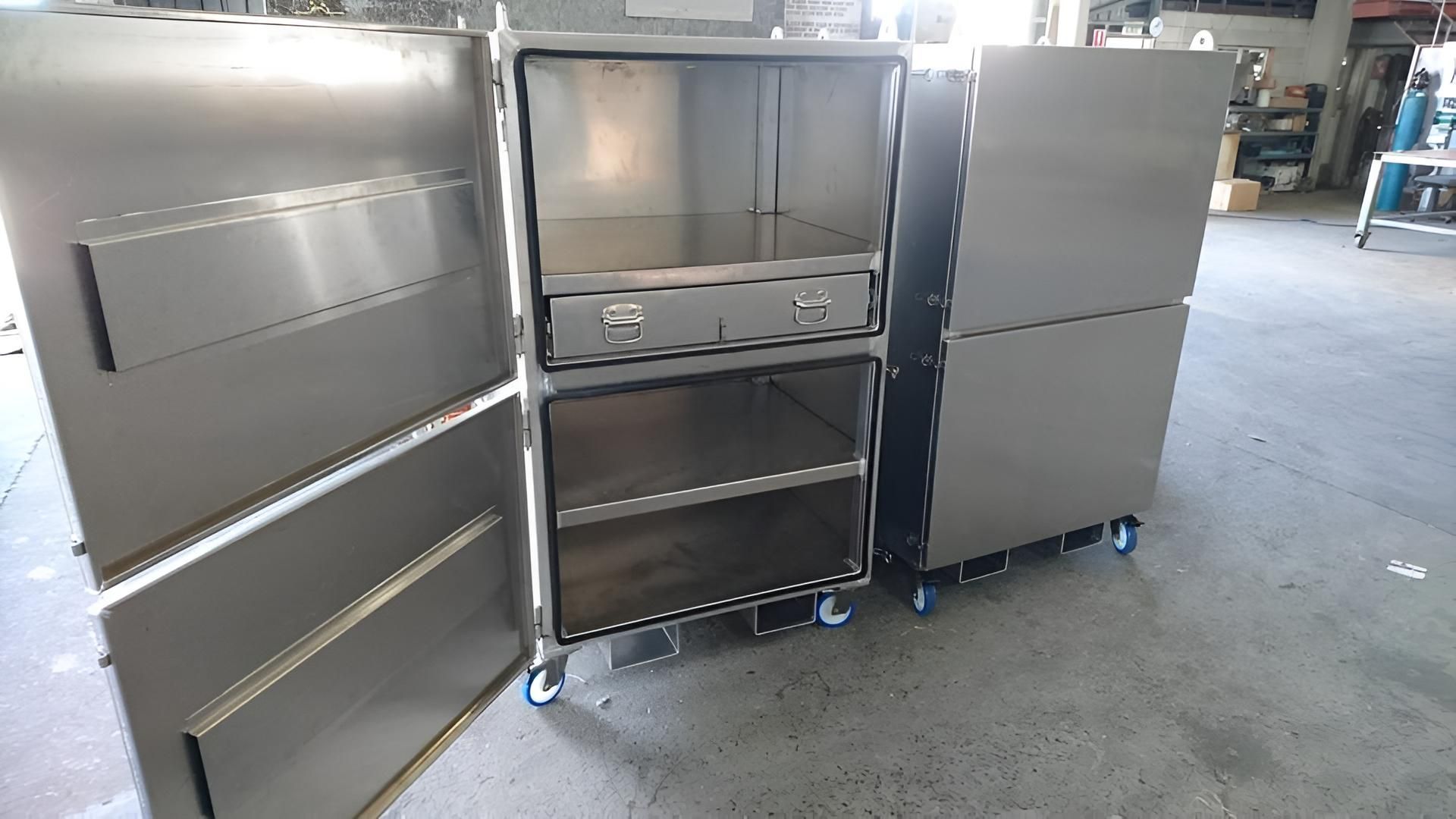 A Stainless Steel Cabinet With The Door Open — Brian Martin's Sheet Metal In Moranbah, QLD