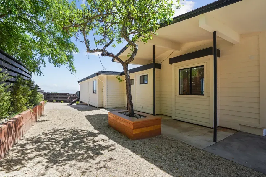 Exterior of a modern home with a gravel path, a tree in a wooden planter, and off-white buildings.