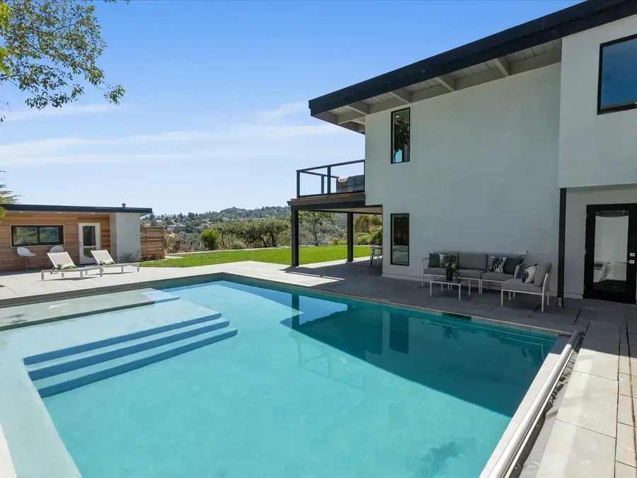 Modern house with a swimming pool on a sunny day.